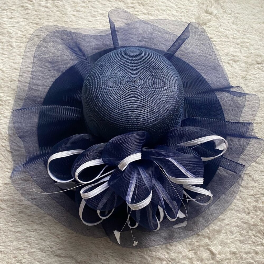 NEW Derby Hat Church Formal Dress Navy Royal Blue and White Feather Fascinator